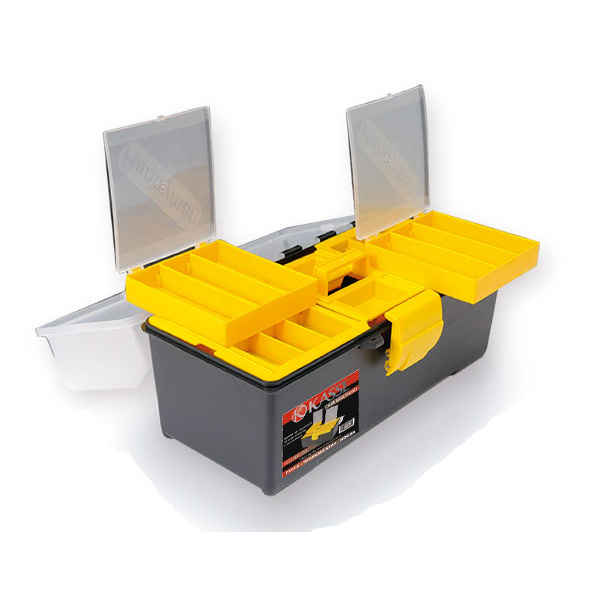 Caja De Herramientas Negra Con Manija, Traba Y Gavetero Color Amarillo Kasse C16CGA